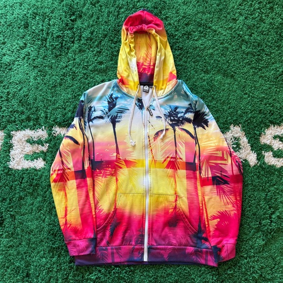 Into The AM Palm Tree Sunset Graphic Zip Up Hoodie, Men's Size Large - Picture 1 of 5